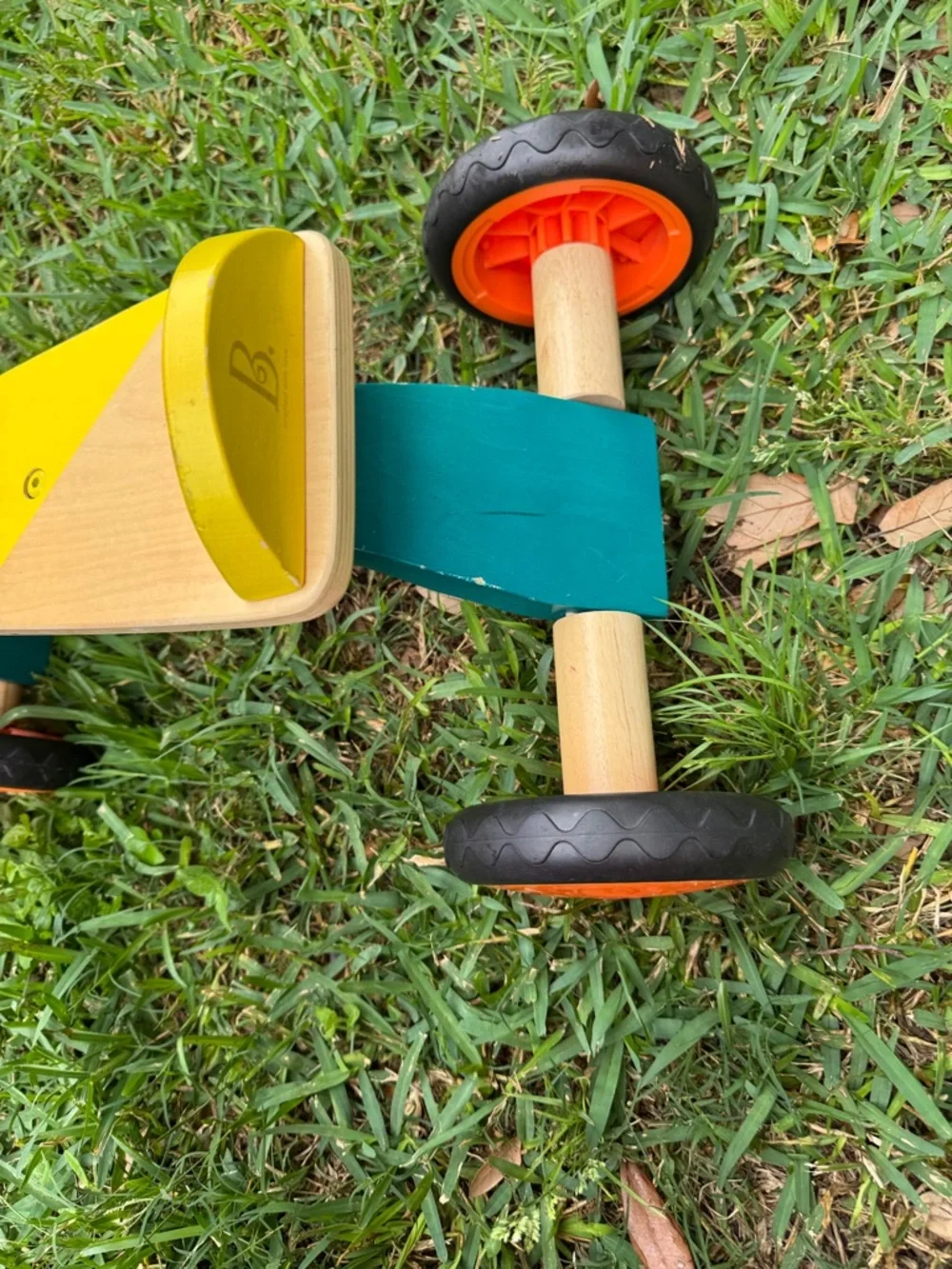 B. toys Smooth Rider Wooden Toddler Bike 18m+ Teal Yellow Orange 90lb Max